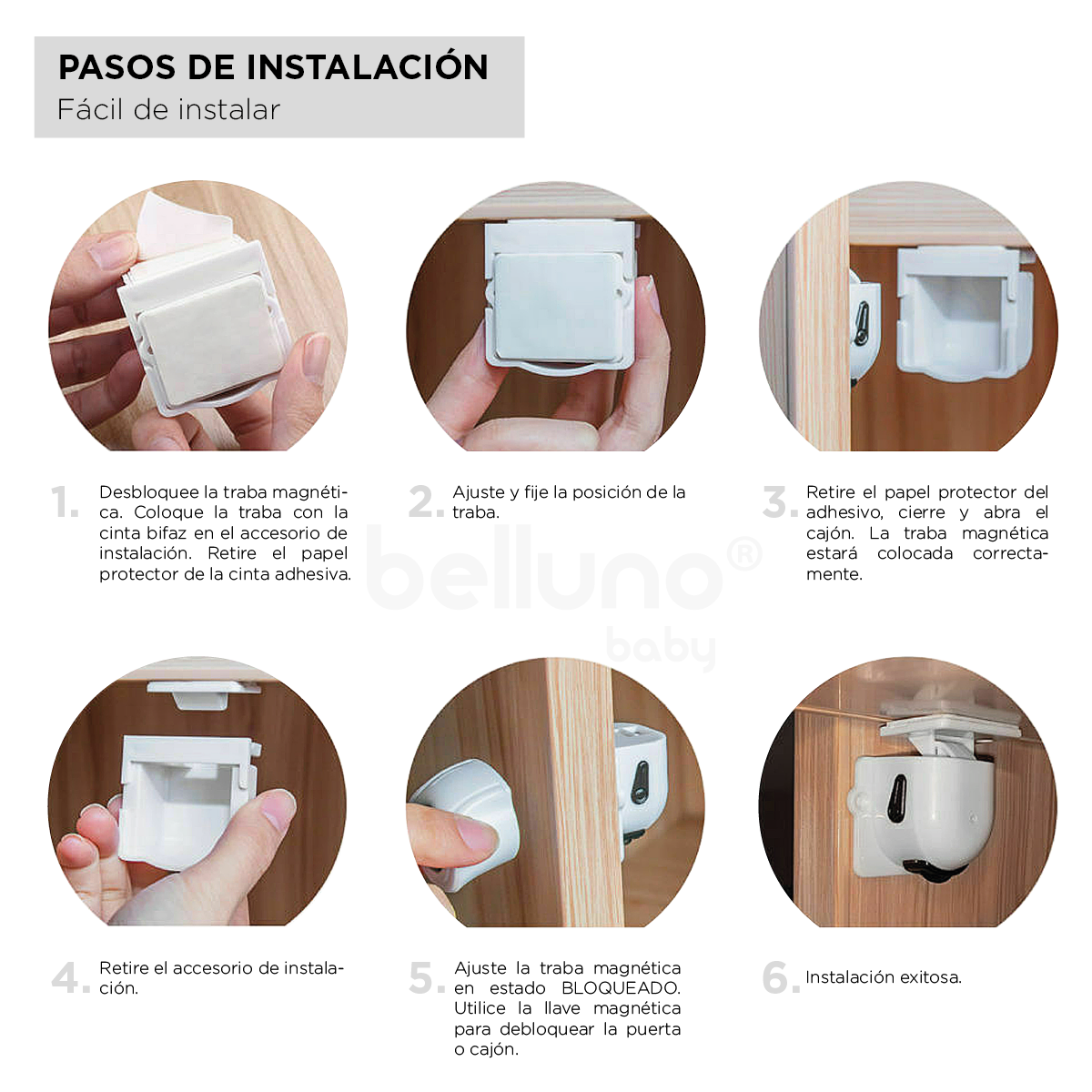 Producto de Seguridad Belluno Baby TRABAS MAGNÉTICAS X 4 UNI. - Vista con accesorios